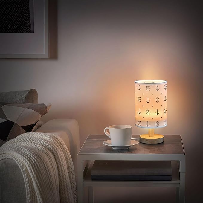 Anchor Wheel Polka Dot Nautical Retro Pattern Table Lamp with Wood Base Fabric Lamp Shade Bedside Nightstand Desk Lamp for Living Room Bedroom Kids Room Office