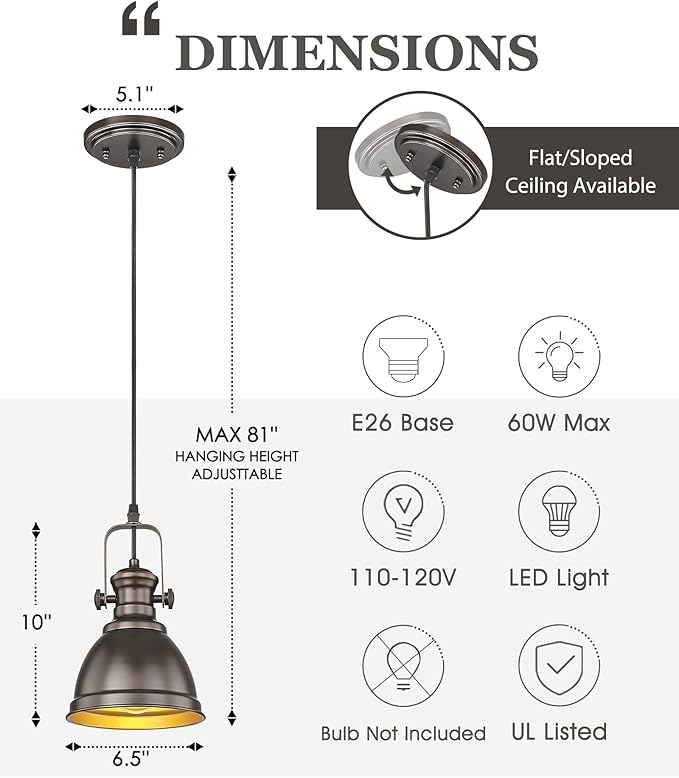 Pendant Lights Kitchen Island, Farmhouse Hanging Lights Fixtures with Metal Shade, Rustic Kitchen Pendant Lighting Over Island for Dining Room, Oil Rubbed Bronze, AD-2151-1P-ORB