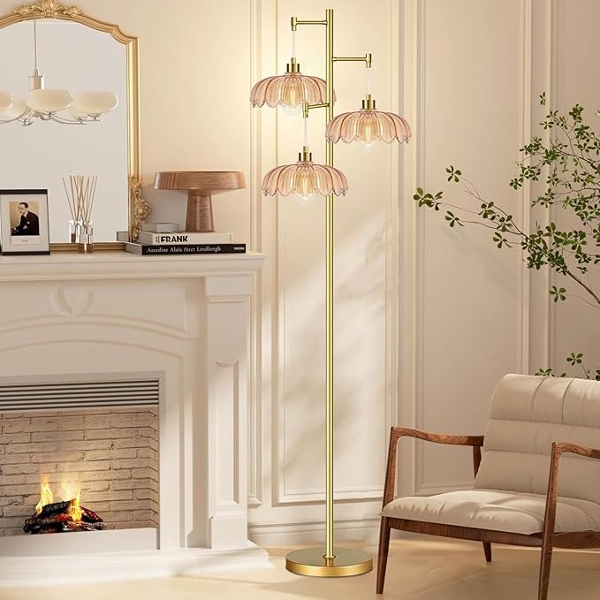 Vintage Floor Lamps for Living Room Bedroom-3 Light Glass Floor Lamp with Three Led Bulb, Flower Tall Floor Lamp Gold Mid Century Modern Standing Lamp Tree Floor Lamps for Living Room Bedroom Corner