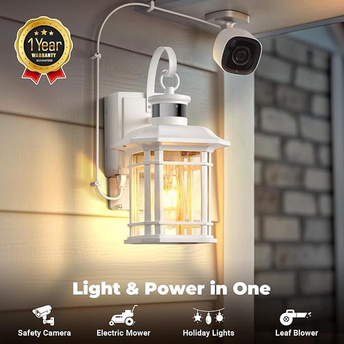White Outside Lights for House with GFCI Outlet, 3 Modes Motion Sensor Porch Light with Outlet, Aluminum Dusk to Dawn Exterior Lighting Fixtures, for House, Porch, Garage