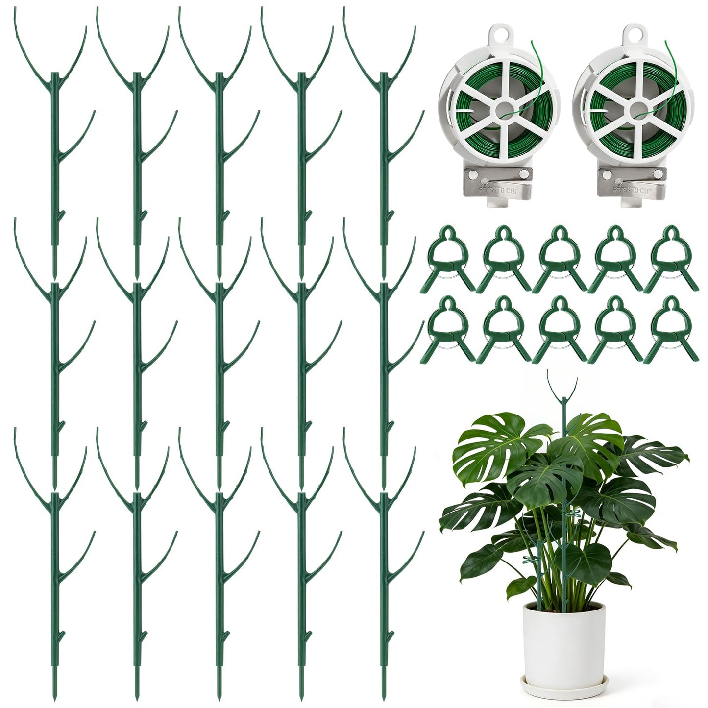 15 Packs Stackable Monstera Plant Support, 11 inch Plant Stakes with 131ft Garden Twist Tie & 10 Plant Clips for Indoor and Outdoor Plants Use Garden Trellis for Climbing and Potted Plants