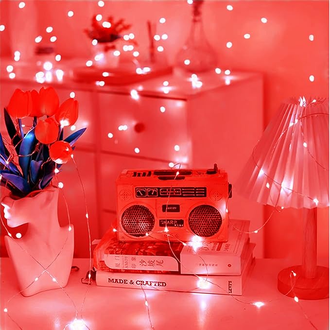 Red Fairy Lights Battery Operated 3 Speed Modes 7Ft 20 LED Mini Christmas Tree String Waterproof Twinkle Firefly for Bedroom Thanksgiving Valentine's Decor