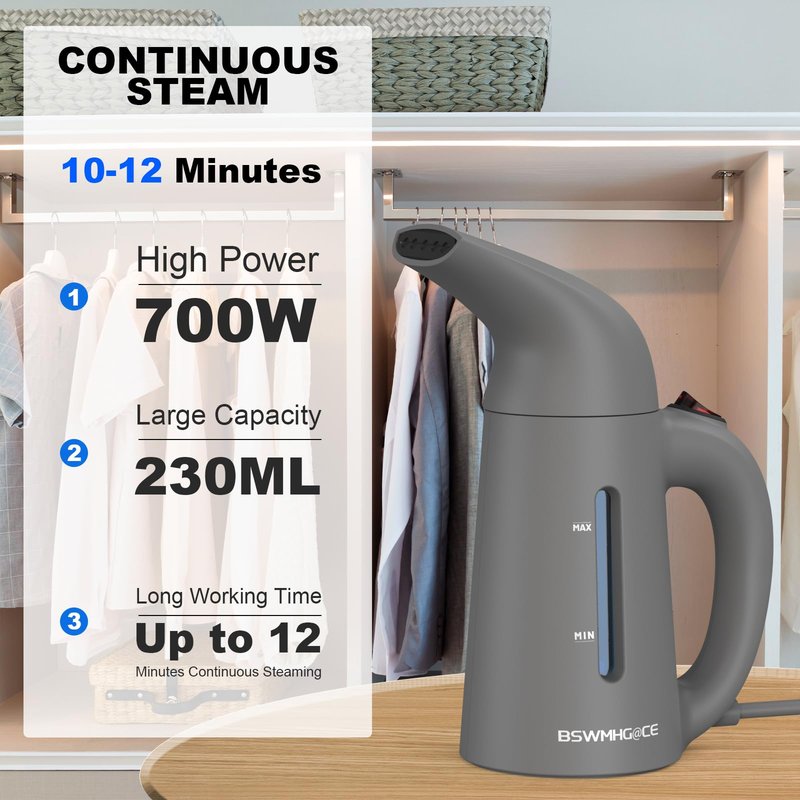 Steamer for Clothes, Handheld Garment Steamer, Portable Clothes Steamer Remove Wrinkle, 180ml Water Tank, 12 minutes Continuous Steam, 2.3 meter Cord, Ideal for ALL Fabrics, One button Design (Gray)