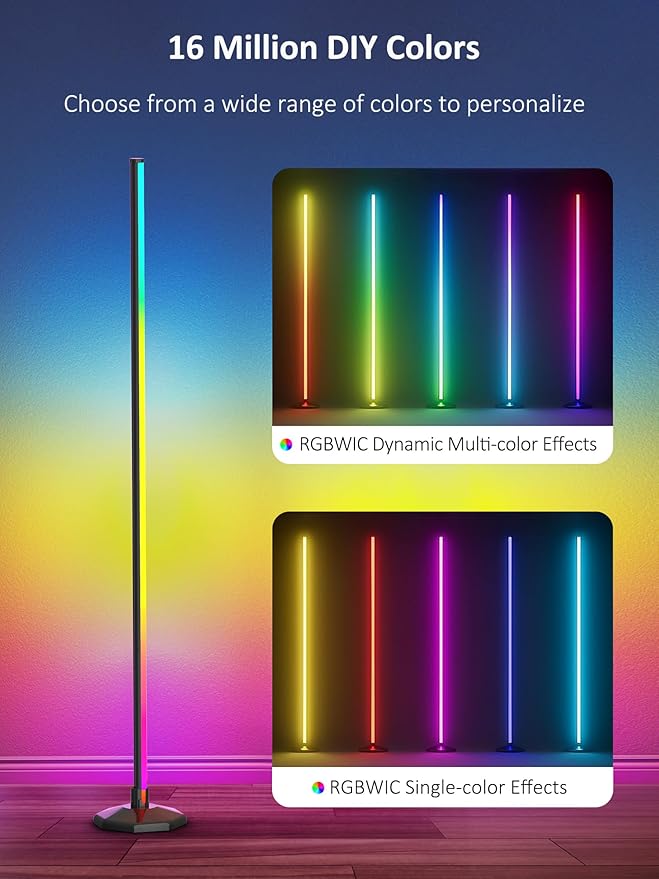 RGB Corner Floor Lamp：Uocub 16 Million DIY Colors & 68+ Scene LED Smart Modern Floor Lamp with Timing, Music Sync, App and Remote Control Standing Lamp for Living Room