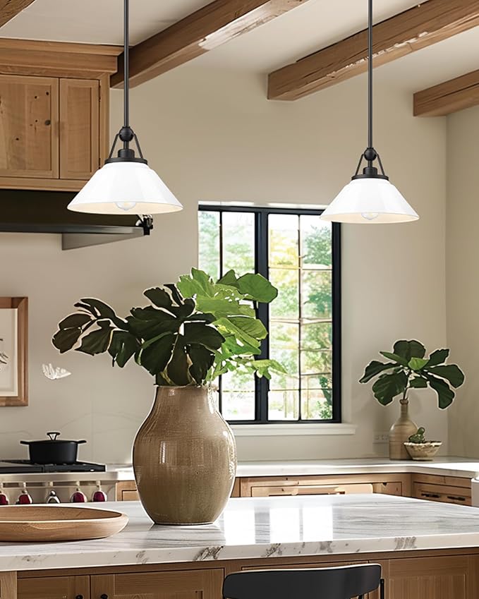 White Pendant Light Fixture, HWH Modern Kitchen Island Light Fixtures 12 Inch, 1-Light Hanging Lighting for Dinning Room Schoolhouse, Black Metal and White Opal Glass Shade, 5HYS89MIL-G BK