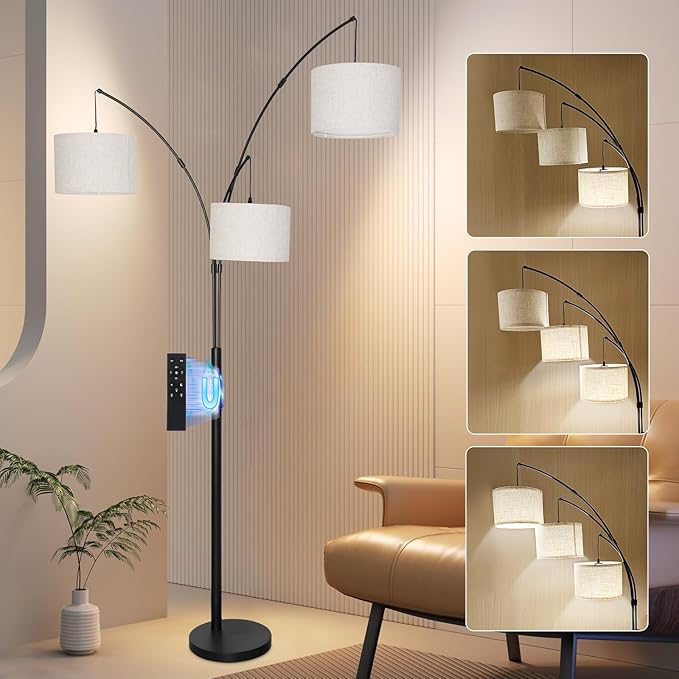 Dimmable Arc Floor Lamp, Black Pole Standing Lamp with Linen Shade and Heavy Base, Remote Control with Stpeless Color Temperatures and Brightness for Bedroom, Office
