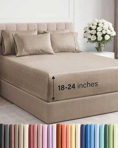 Extra Deep King Sheet Set - 6 Piece Breathable and Cooling Sheets - Hotel Luxury Bedding for Women, Men, Kids & Teens - Easy Secure Fit - Soft and Wrinkle Free - Extra Deep Pockets - Heathered Beige