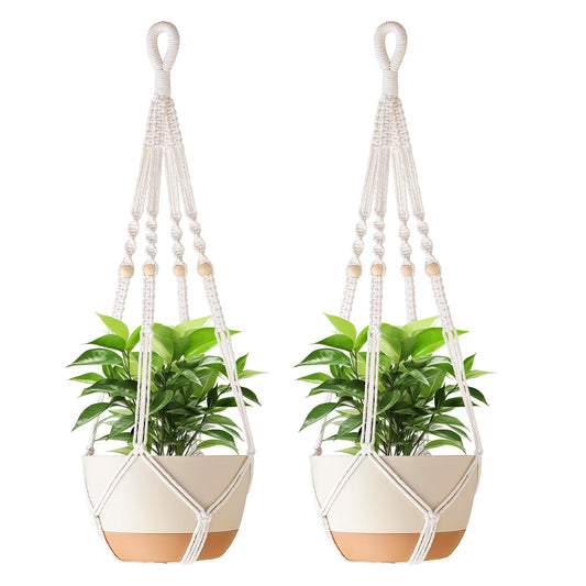 Aukorin 35 Inch Macrame Plant Hanger Indoor with Wood Beads and No Tassels,Strong Hanging Planter Flower Pot Holder for Indoor Outdoor Boho Home Decor,Set of 2,Ivory(Pots Not Included)