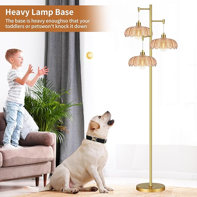 Vintage Floor Lamps for Living Room Bedroom-3 Light Glass Floor Lamp with Three Led Bulb, Flower Tall Floor Lamp Gold Mid Century Modern Standing Lamp Tree Floor Lamps for Living Room Bedroom Corner