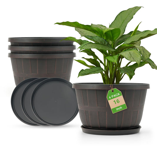 Quarut 16 Inch Brown Classic Plastic Whiskey Barrel Planters Set of 4 with Drainage Holes & Trays for Indoor & Outdoor Use