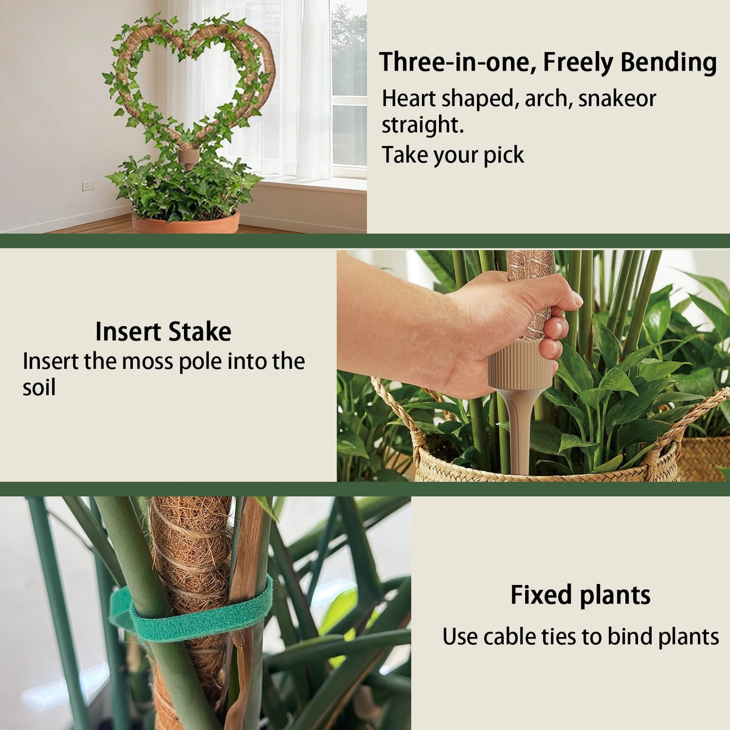 3 Moss Poles in 1, Bendable Monstera Plant Support, 29.9IN Tall Plant Stakes for Indoor Plants, Coir Pole Plant Support for Climbing Plants, Pothos, Philodendron-1 Pack