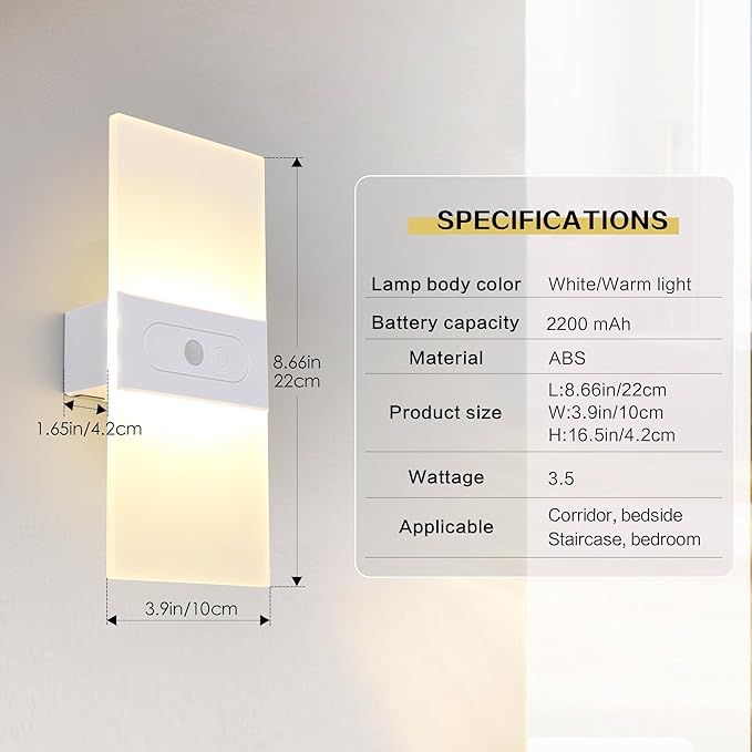 LED Dimmable Wall Sconces 2Pack,2200Mah Battery Motion Sensor Magnetic Wireless Rechargeable Wall Lamp with Button Switch Warm White for Bedroom Living Room Hallway