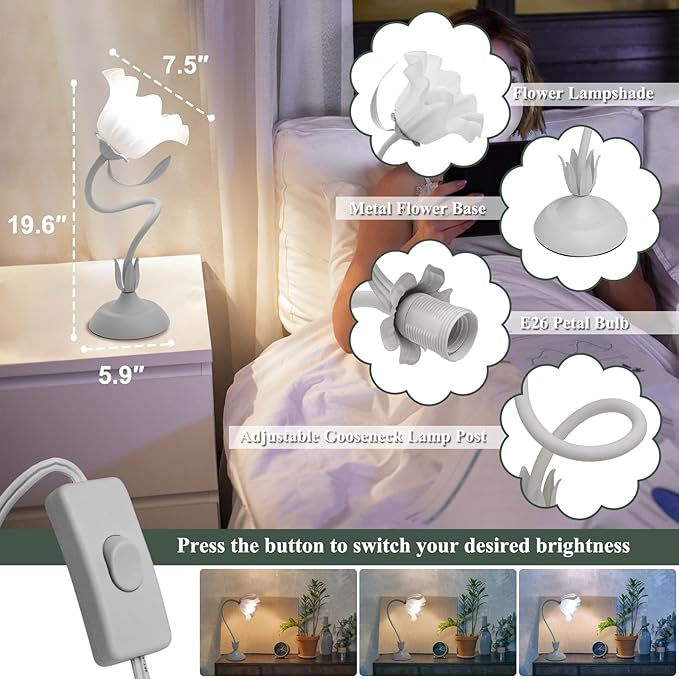 Flower Table Lamp, 3 Level Brightness Vintage Flower Reading Light with E26 Bulb, Cute Desk Lamp Bedside Lamps Lily Lamps for Nightstands Living Room Bedroom Ambient Lighting Home Decor
