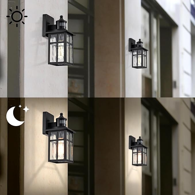 Edvivi Motion Sensor Porch Lights Outdoor, Dusk to Dawn Outdoor Lighting Wall Sconces with Water Glass, Matte Black Wall Mounted Lantern Light Wet Rated Exterior Lighting Fixtures for House 2-Pack