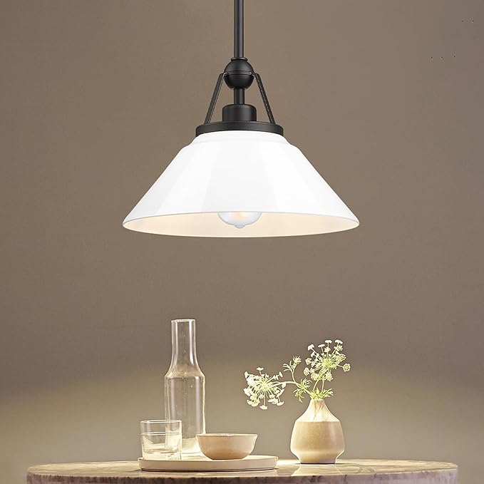 White Pendant Light Fixture, HWH Modern Kitchen Island Light Fixtures 12 Inch, 1-Light Hanging Lighting for Dinning Room Schoolhouse, Black Metal and White Opal Glass Shade, 5HYS89MIL-G BK