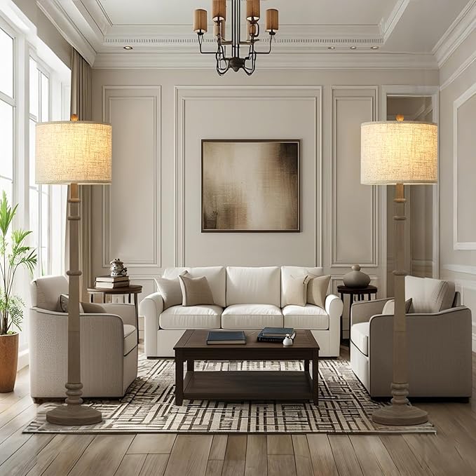 Floor Lamps for Living Room - 60" Resin Farmhouse Floor Lamp with Adjustable Color Temperatures - Vintage Standing Lamp Reading Light with Linen Shade Retro Tall Lamp for Bedroom Office, Grey