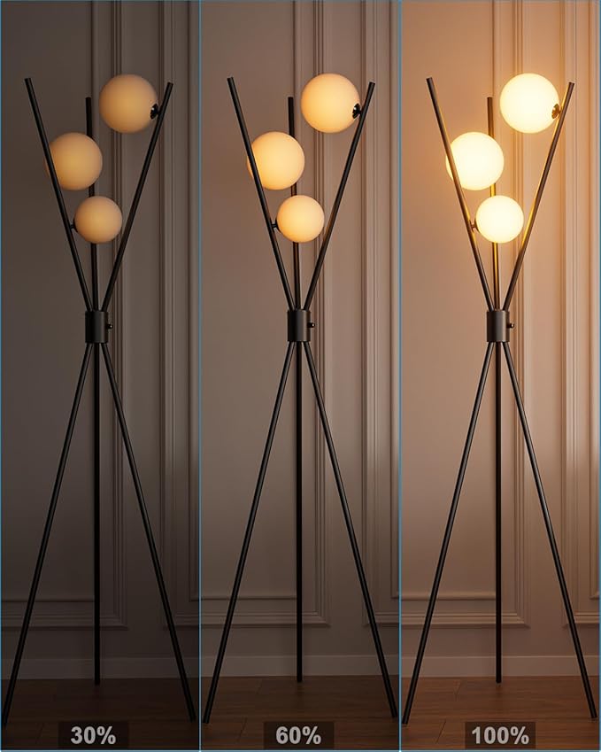 3 Globe Dimmable Tripod Floor Lamp, Mid Century Standing Lamps with 3Pcs 3000K Bulbs Included, Modern Tall Lamp for Living Room Bedroom Office-Black