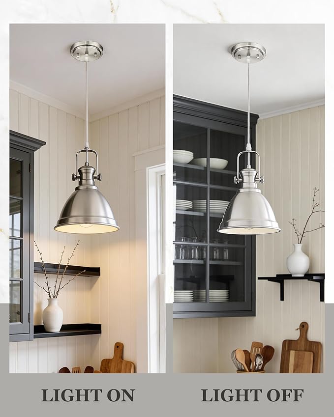 Pendant Lights Kitchen Island, 8" Farmhouse Hanging Lights Fixtures with Metal Shade, Rustic Kitchen Pendant Lighting Over Island for Dining Room, Brushed Nickel, AD-2151-1PM-SN