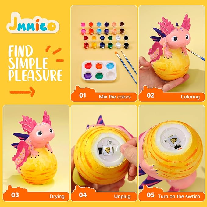 JMMICO Paint Your Own Axolotl Lamp Kit, Axolotl Crafts Night Light, Arts and Crafts for Kids Ages 4-8, Easter Basket Stuffers, Easter Gifts for Girls Boys 6 7 8 9 10 11 12 Years Old 【Upgraded Paints】