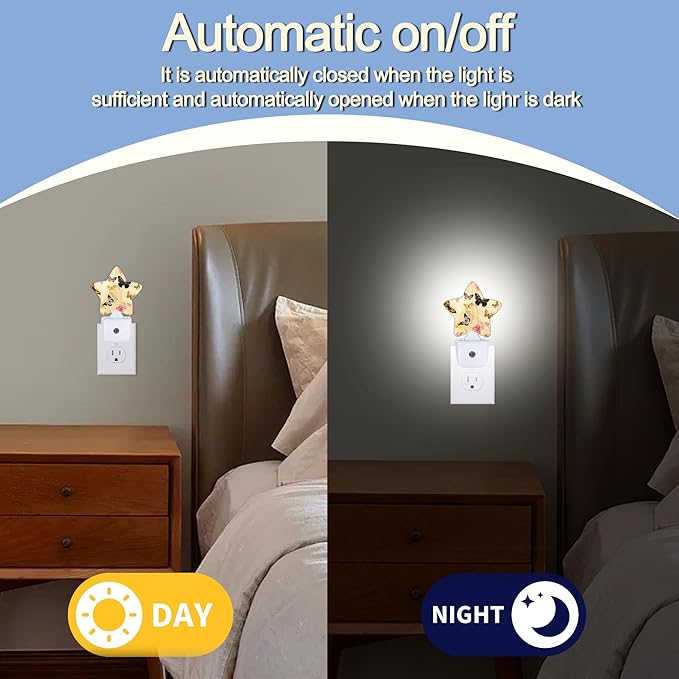 Vintage Butterfly Night Lights Plug Into Wall,Pink Flowers Star Night Light for Kids,Nightlight with Dusk to Dawn Smart Sensor for Bedroom Bathroom Decor,Children Women Men Gift