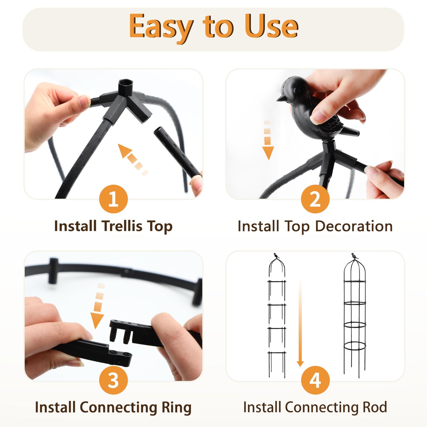 SORANGEUN 2 Pack Garden Obelisk Trellis for Climbing Plants Outdoor, 6FT Adjustable Metal Plant Support with 3 Decorative Tops, Black Rustproof Trellis for Roses, Tomatoes, Clematis & Vines