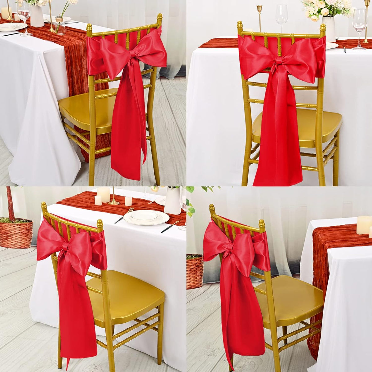 Showgeous 60 PCS Red Satin Chair Sashes - Elegant Bows for Wedding & Party Decor | 7 x 108 Inch