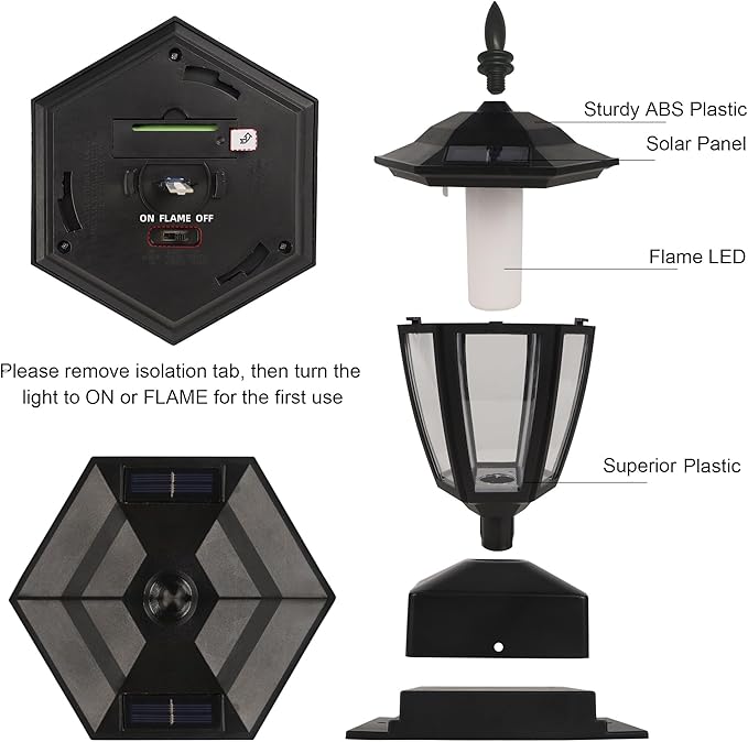 Dynaming Solar Flame Post Lights Outdoor, Solar Powered Lamps Fence Post Cap Lights, Flickering Flame LED Lantern Decorative Waterproof for Garden Deck Patio, Fit 4x4, 5x5 or 6x6 Wooden Posts, 6 Pack