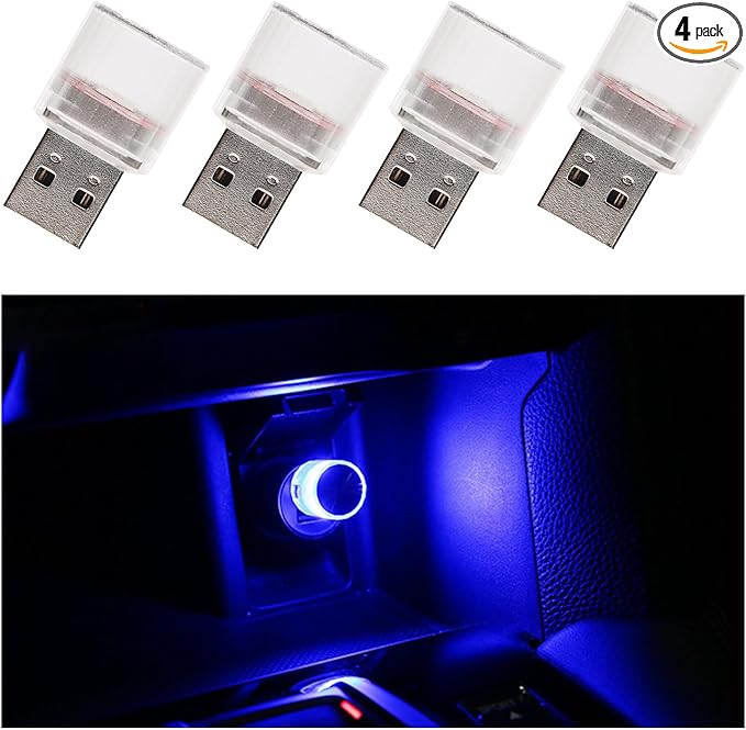 4 PCS USB LED Car Interior Atmosphere Lights, Plug-in USB Automotive Interface Charging Night Lamps, Mini Vehicle Interior LED Atmosphere Light for Car, Bedroom, Hallway (Blue)
