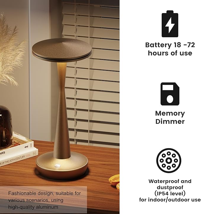 SAKRINGT Rechargeable Cordless Table Lamp, 72Hrs Battery Operated LED Table Light, Portable Touch Dimmable Lamp for Restaurant Patio Dining Outdoor Camping