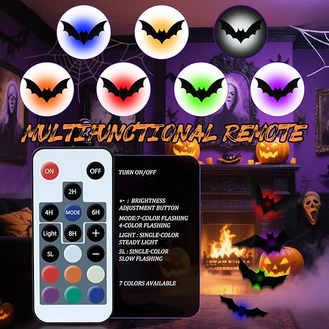 PChero 12 Lights & 48 Bats Halloween Decoration Kit with Remote Timer, Color Changing Light up Bats Wall Decor, 10 Different Size 3D Bat Stickers for Window Wall Living Room Bedroom Party Spooky Decor