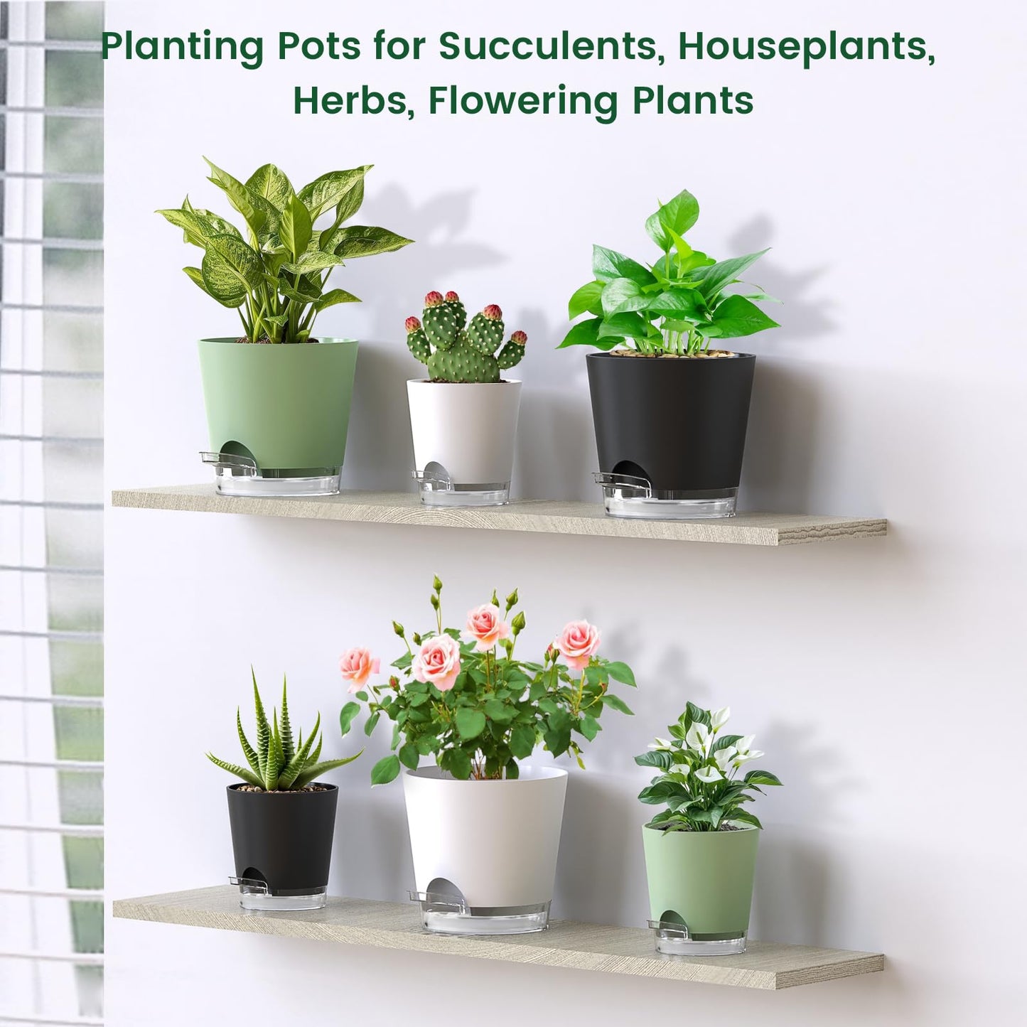 Meowell 4 inch Self Watering Pots for Indoor Plants, 5 Pack Small Flower Plant Pots with Drainage Holes and Clear Reservoirs, Visible Water Level, Plastic Planters with Wicking Rope, Green