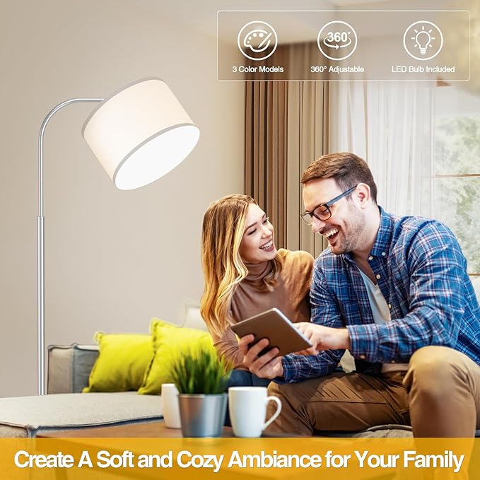 Arc Floor Lamps for Living Room with 3 Color Temperatures, Modern Floor Lamp Reading Light with 9W Bulb Included, Standing Lamp with Adjustable White Hanging Shade for Bedroom Office(Silver)