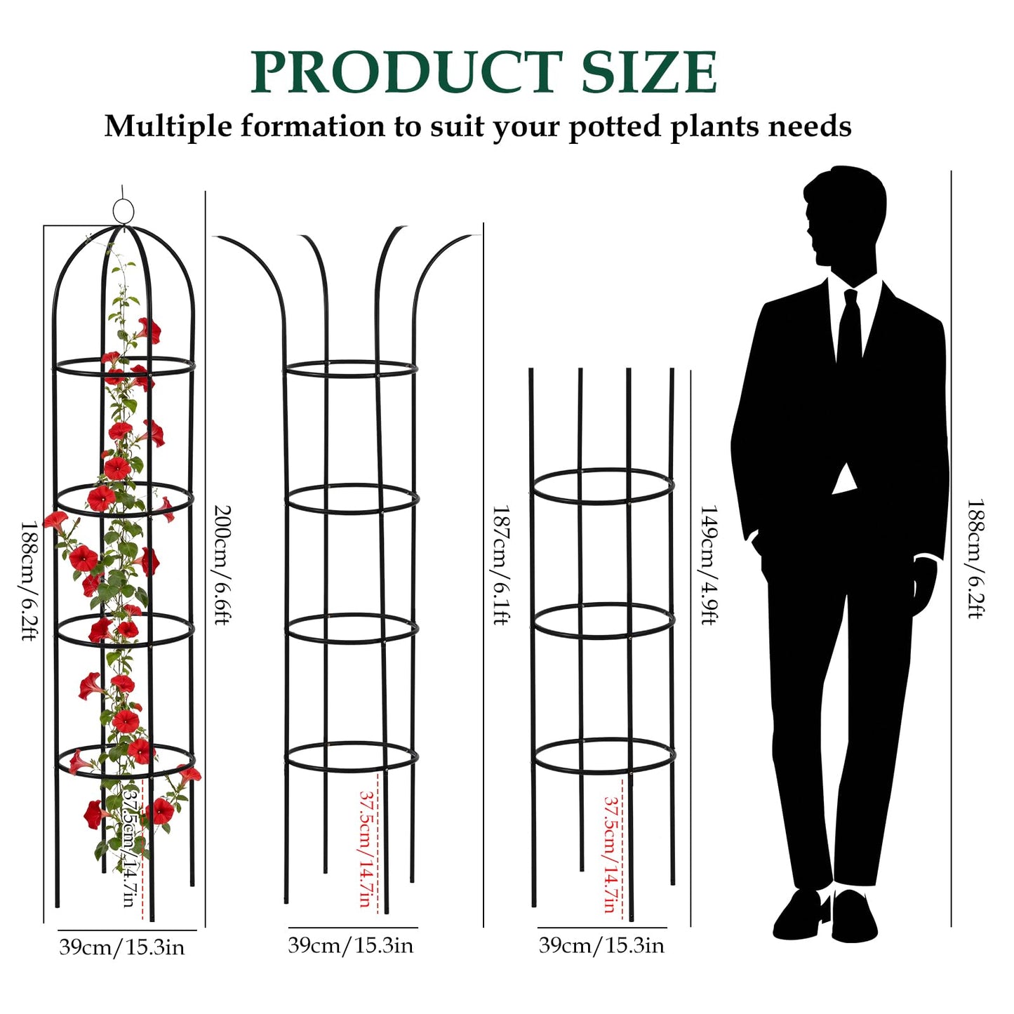 100% Metal Garden Obelisk Trellis for Climbing Plants Outdoor, 6.6ft Tall Metal Plant Support with Garden Twist Tie for Tomato Cucumber Pea Ivy Vines Rose Clematis Potted Plant Trellis 1 Pack