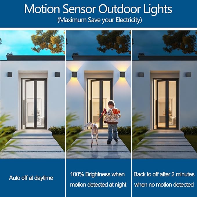 2-Pack Outdoor Wall Lights, Modern Square Up and Down Lights Outdoor Wall Lights IP65 Waterproof Aluminum Sconces with Motion Sensor 10W 3000K LED Outdoor Lighting Fixture for Porch Patio