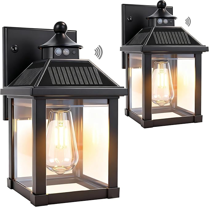Solar Wall Lights Outdoor Large Size Solar Porch Sconce Lights Motion Sensor with 3 Lighting Modes Dusk to Dawn - Waterproof Lantern Fixture for Front Door Garage Porch Yard Fence (2 Pack)