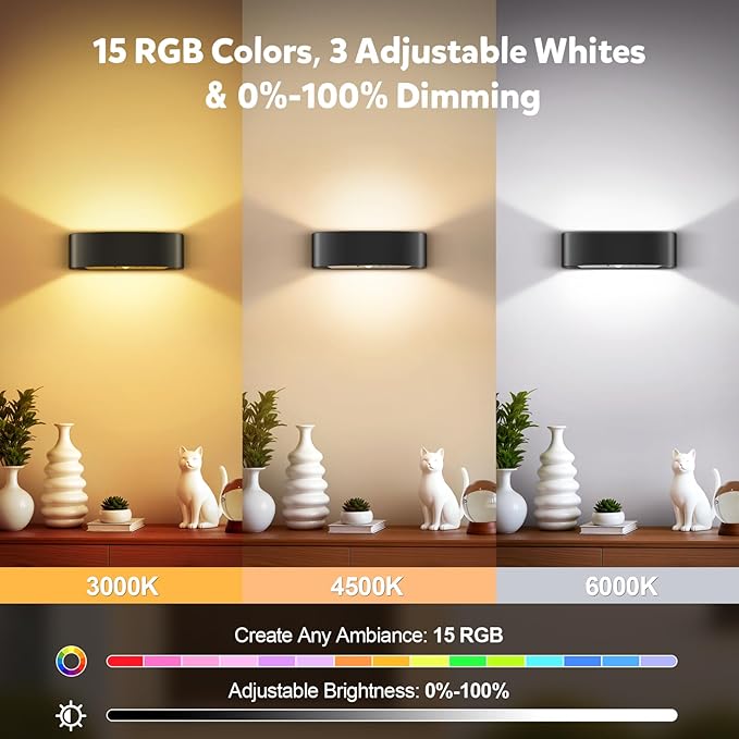 Motion Sensor Wall Sconces, Rechargeable 5000mAh Battery Operated Wall Light with Remote Control 3 Colors Temperatures & Dimmable 15 RGB Colors Up and Down Wireless Wall Mount Light