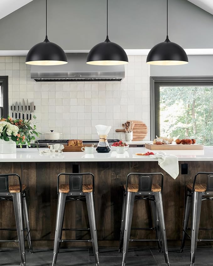 Black Pendant Light,11.8" Industrial Dome Pendant Lights Kitchen Island,Adjustable Farmhouse Hanging Lamp for Dining Room Bedroom Restaurant Bar Cafe,3 Pack