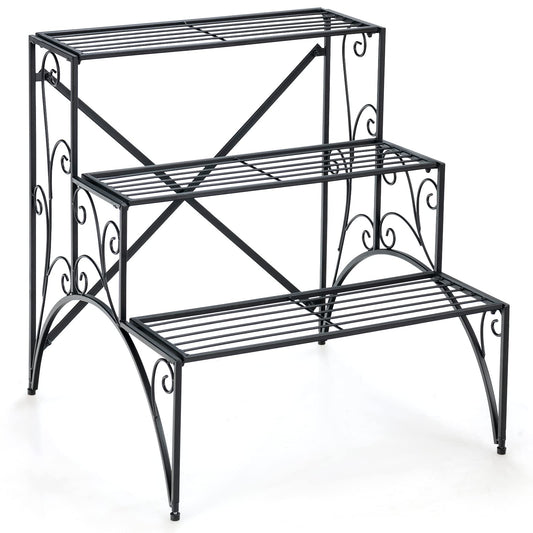 Giantex 3 Tier Metal Plant Stand, Black Corner Plant Stand Indoor w/ Widened Grid Shelf & Non-Slip Foot Pads, Display Rack Holder for Outdoor Porch Garden Patio Balcony