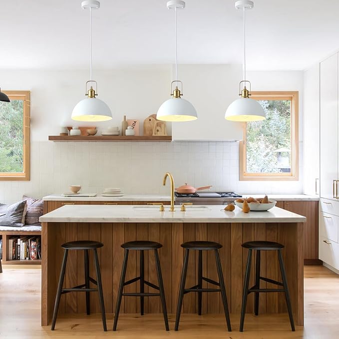 Kitchen Pendant Lighting Over Island 2 Pack, Modern White Gold Metal Pendant Lights, Ceiling Hanging for Kitchen Living Dining Room Restaurant Hallway Entrance