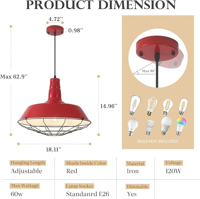 Red Pendant Lights Kitchen Island, 18.1 Inch Large Farmhouse Pendant Light, Oversized Industrial Pendant Light with Wire Cage, Barn Pendant Lights for Kitchen Dining Room (1 Pack)