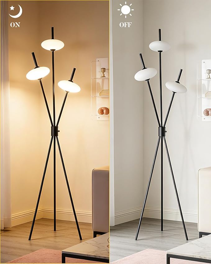 Lightdot Tripod Floor Lamp Stepless Dimmable Black Standing Tall Lamps with 3PCS Elliptical Lampshades Mid Century Modern Floor Lamps for Living Room/Bedroom/Sofa Beside/Corner Decor