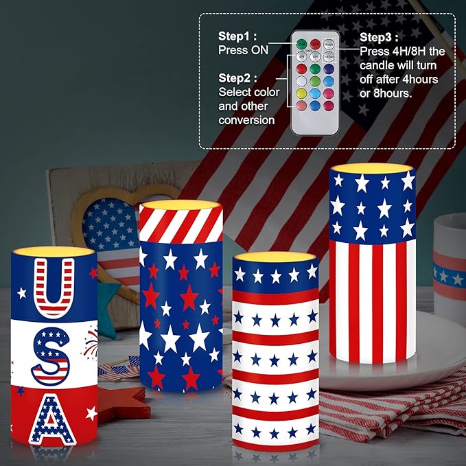 Tiamon American Flag LED Candles 4th of July Flameless Independence Day Battery Operated USA Stars Patriotic Candles with 18-Key Remote Timer Set for Holiday Festival Table Decorations