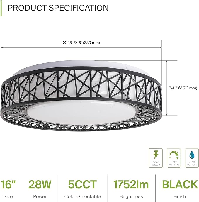 ASD 16 Inch LED Flush Mount Ceiling Light Fixture for Bedroom, 28W 1752LM 5CCT 2700K-5000K, Triac Dimmable Lights, Dining, Living Room, Kitchen Lamps, Modern Home Lighting Fixtures, Black, ETL, 4 Pack