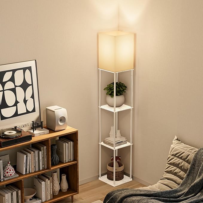 Floor Lamp with Shelves, Modern Square Standing Lamp with 3 Color Temperature Bulb, Corner Display Bookshelf Lamp for Living Room, Bedroom and Office（White）