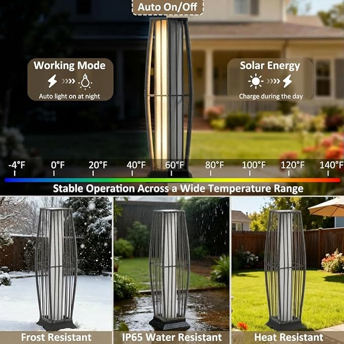 Rattan Outdoor Floor Lamp Set of 2, Boho Solar Porch Lights Outdoor Waterproof for Patio, Garden, Balcony & Deck, Gray (Vertical)