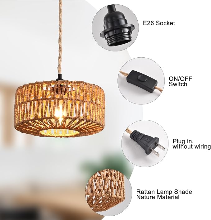 Industrial 15ft Pendant Light Cord -Plug in Hanging Light Fixture, 15FT Farmhouse Pendant Lamp Lights with Switch Cord for Kitchen Island Bedroom Living Room