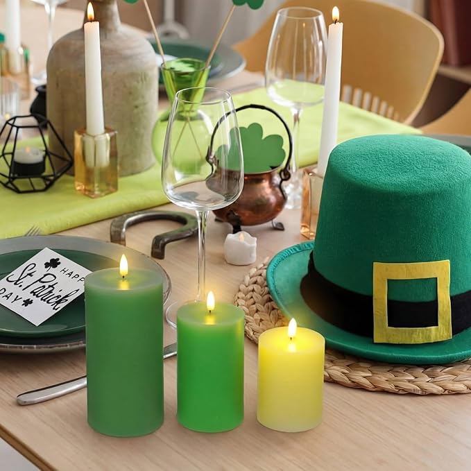 3 Pcs St Patrick s Day Flameless Candles Battery Operated Wax LED Flickering Flameless Pillar Candles with Remote for Home Table Wedding Holiday Party Decor