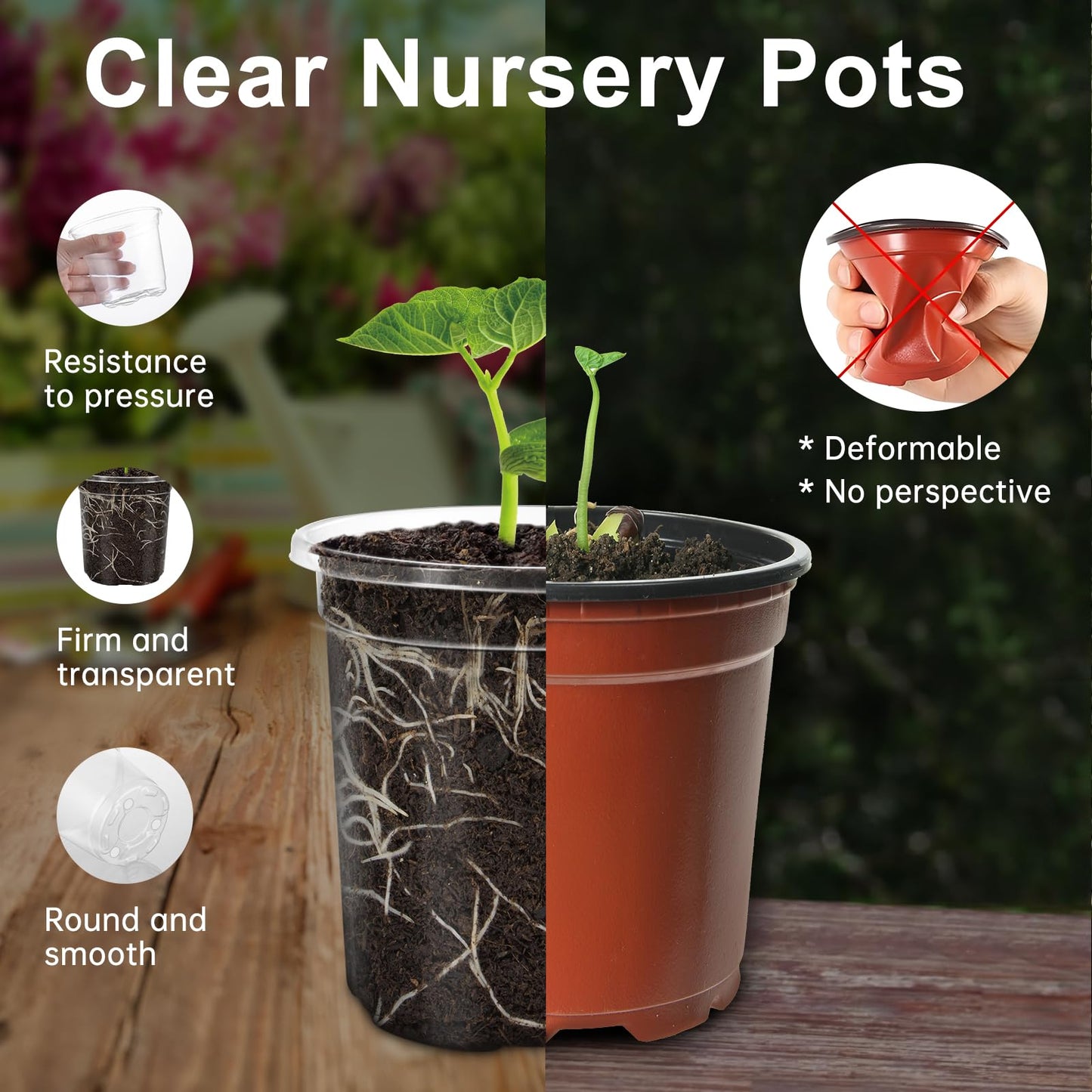 WandaQueen 36 Packs 6.5/5/4/3.5 Inch Reinforced Clear Nursery Pots with Drainage Hole, Variety Pack High Transparency Plastic Seedling Plant Pot with 20 Labels