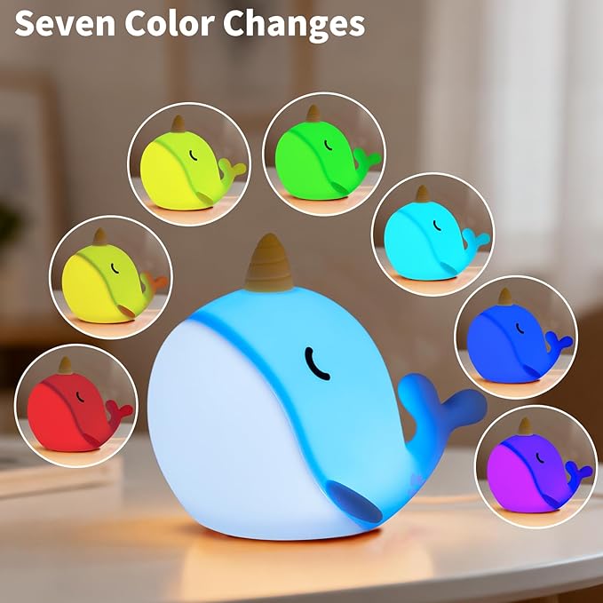 Narwhal Night Light, USB-C Rechargeable Tap Control Lamp with 3-Level Dimming & 30-Min Auto Timer, 7-Color Changing Squishy Silicone Nursery Light, Birthday Gift for Kids