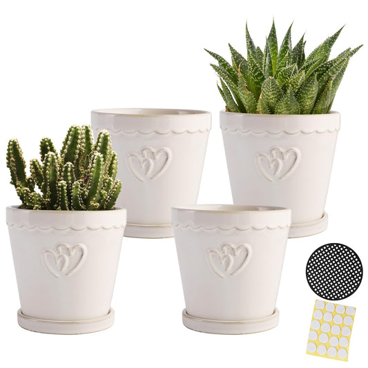 BABALIU 4.5 Inch Ceramic Planter Pots with Saucers, Cylinder Flower Pot with Drainage Holes for Indoor and Outdoor Plants, Succulent Orchid Little Snake Plants, Set of 4, White